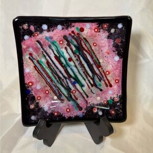 Abstract Pink and Black Glass Art Plate-Handmade